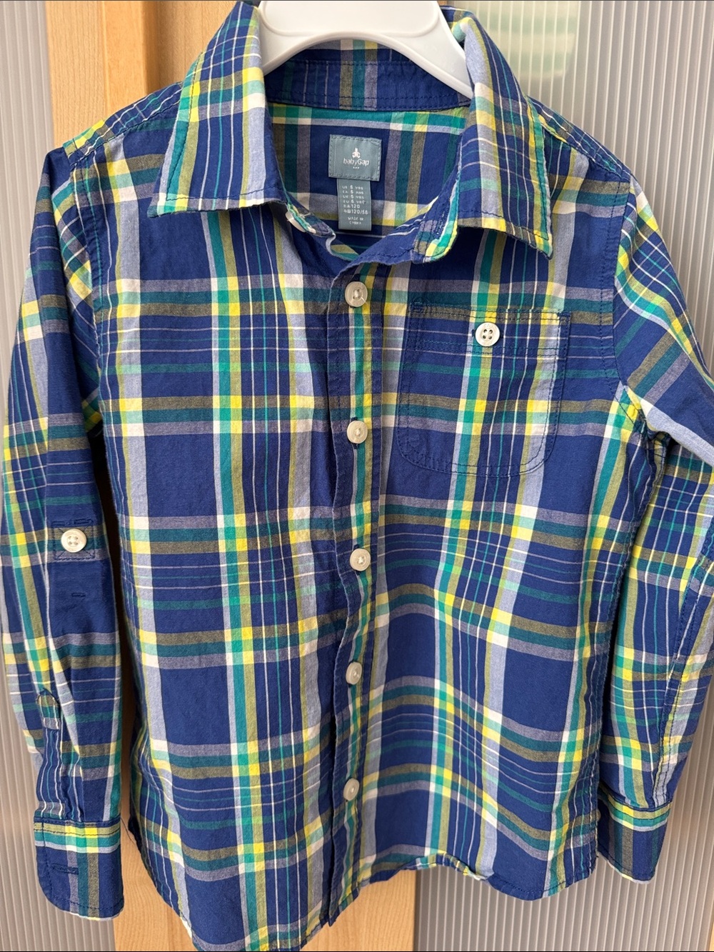 GAP Boys Navy Blue Plaid Button-Down Shirt with Yellow & Green Stripes Size 5